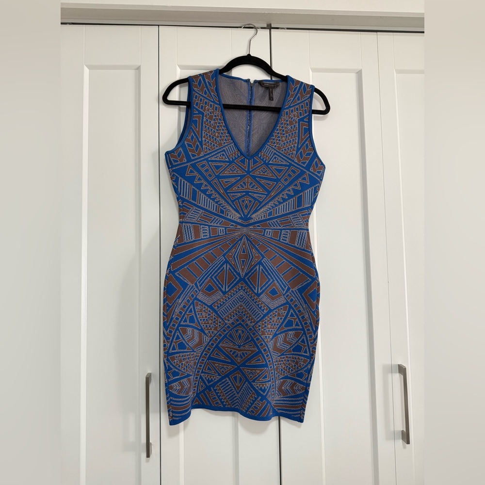 BCBGMaxAzria Blue and Brown Geometric Mini Dress